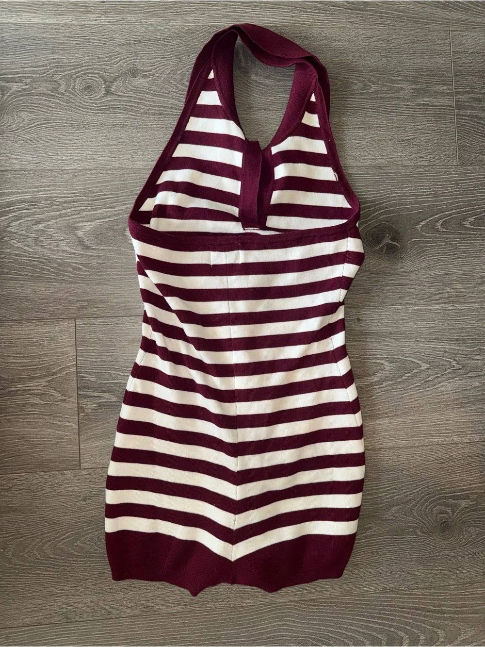 Striped Maroon and White Halter One-Piece Swimdress